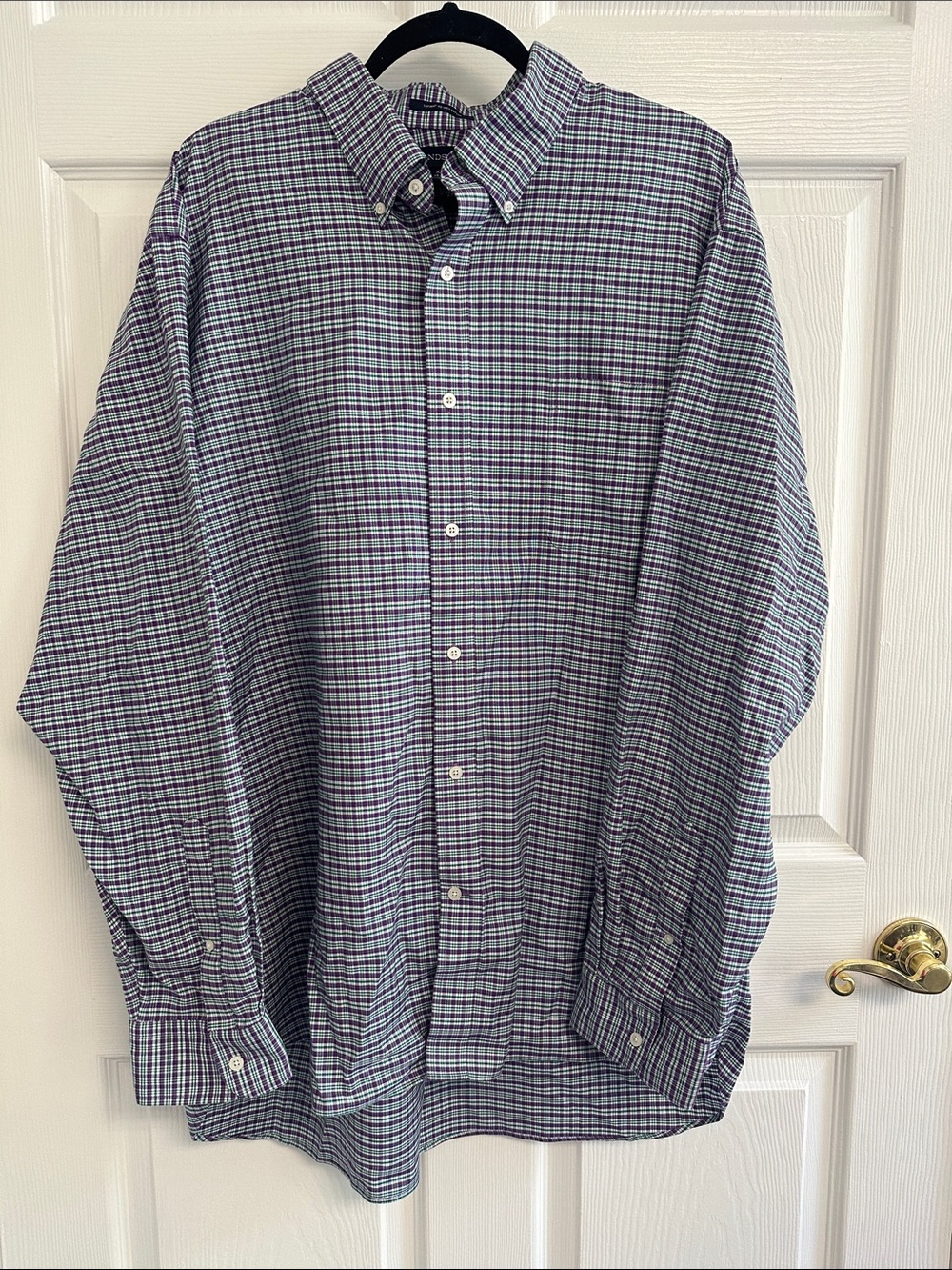 Lands' End Men's Button-Down Plaid Shirt in Green, Purple, and White